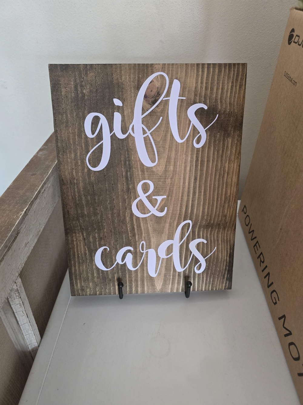 Wooden 'Gifts & Cards' Sign - White Script on Natural Wood 9 X12 With Stand